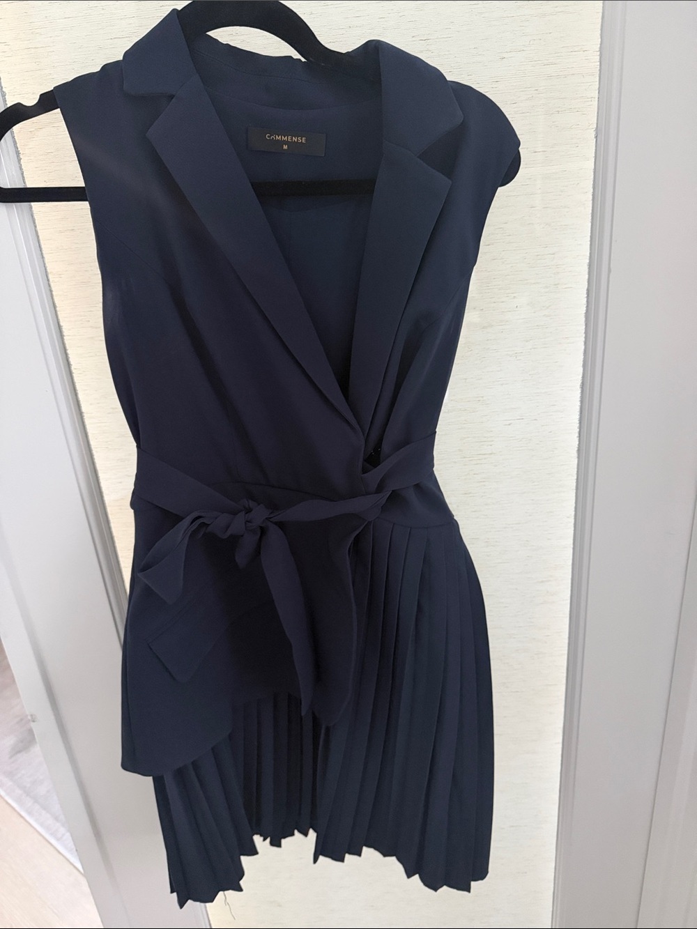 Commense Navy Sleeveless Wrap Pleated Mini Dress